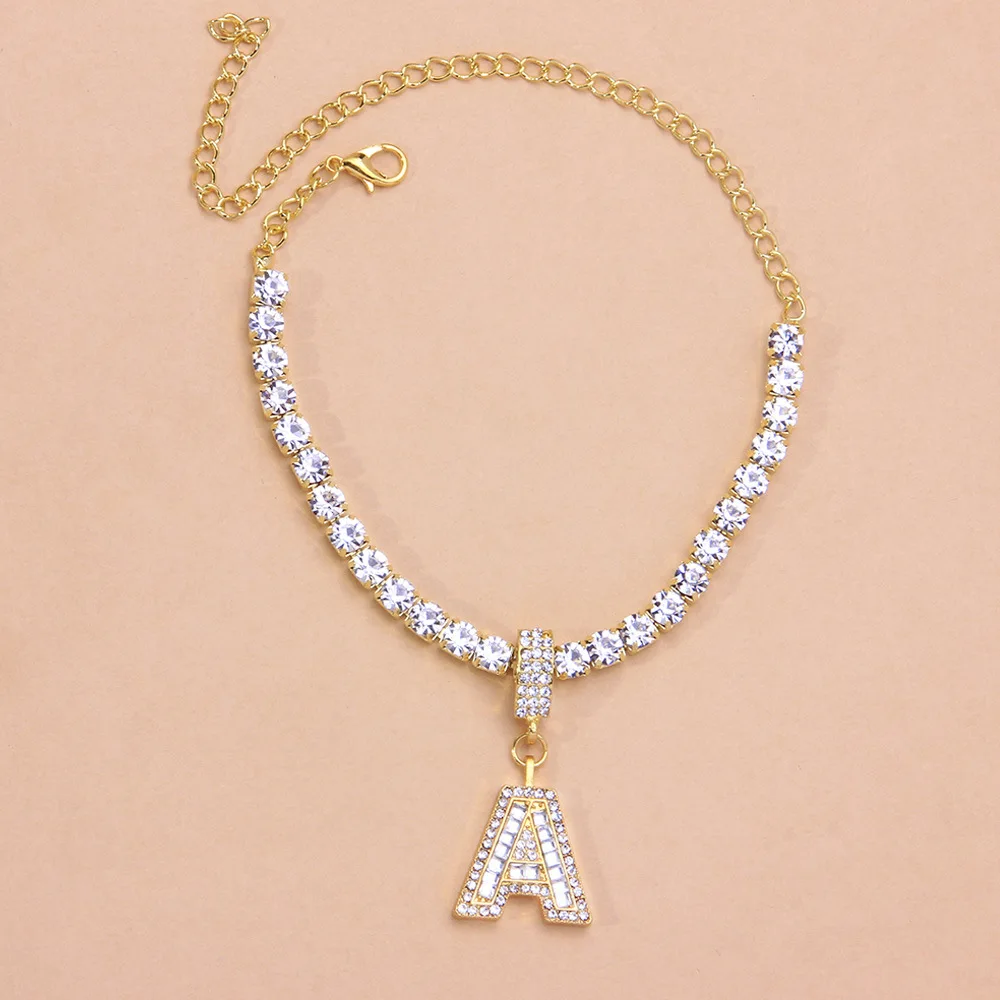 

18k Gold Plated Rhinestone 26 Alphabet Letter Anklet Foot Chain Cubic Zirconia Initial Letter Pendant Anklet Bracelet