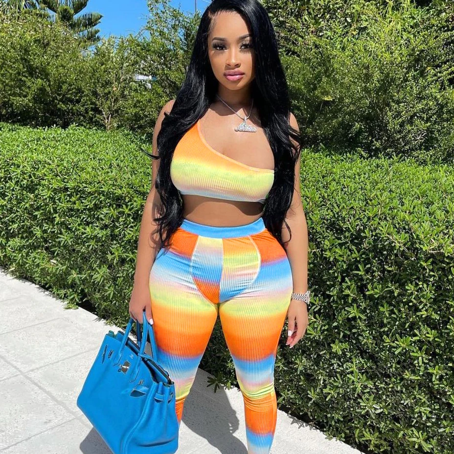 

U Neck Colorful Printing Fashion Outfits Two Piece Pant Set Women Jogger Suit Crop Top And Trouser, Pink,yellow,orange