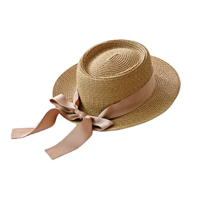 

New Summer Sun Hats Women Fashion Girl Straw Hat Ribbon Bow Beach Hat Casual Straw Flat Top Panama Bone Feminino