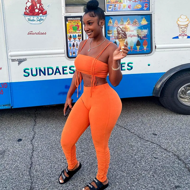 

Drop shipping fall 2021 women ladies clothes two piece sleeveless bandage crop top stacked pants skinny set, Photo shows