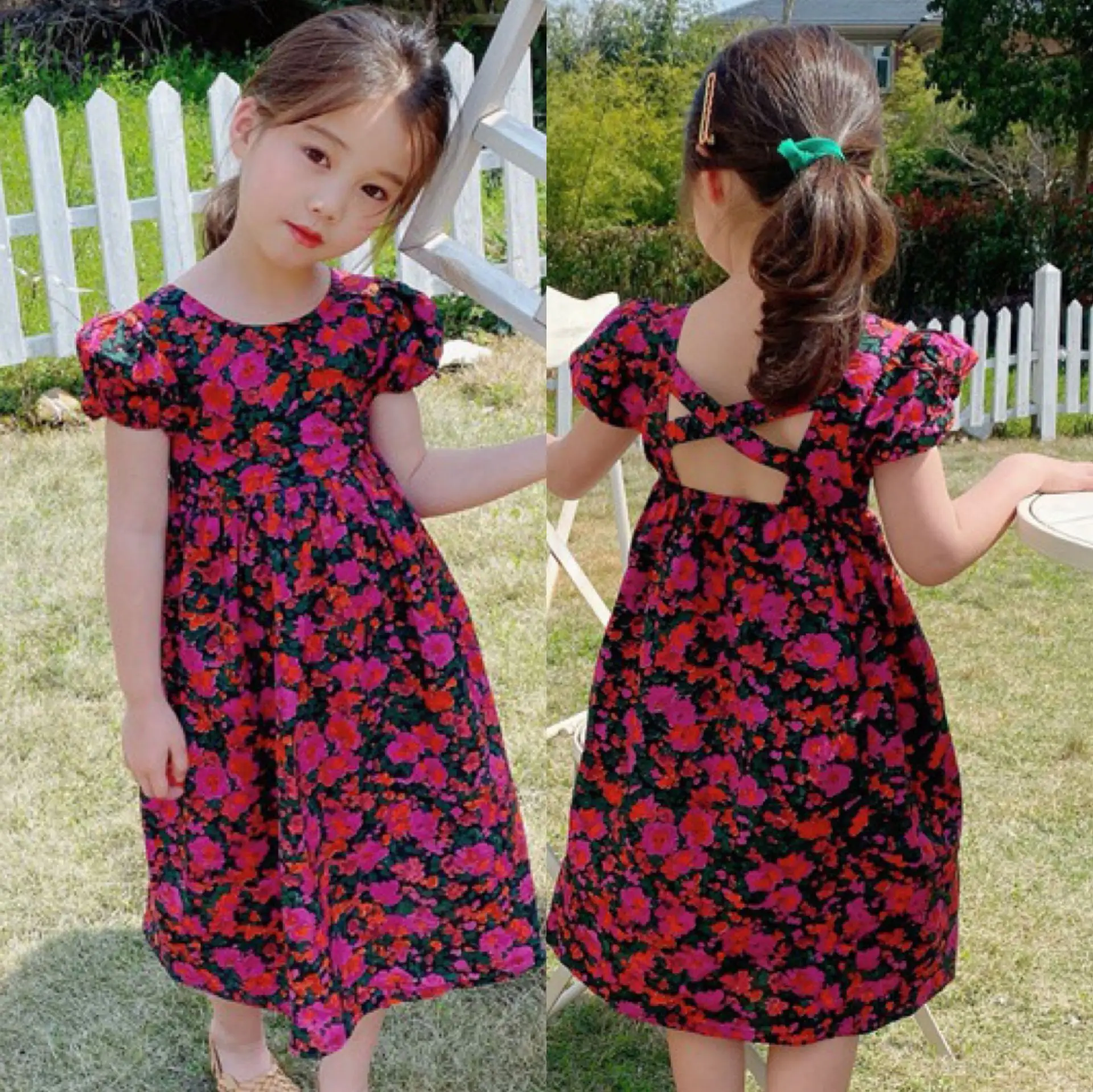 

New Style Girls Dress Cotton Fashion Summer Backless Flowers Girls Dresses