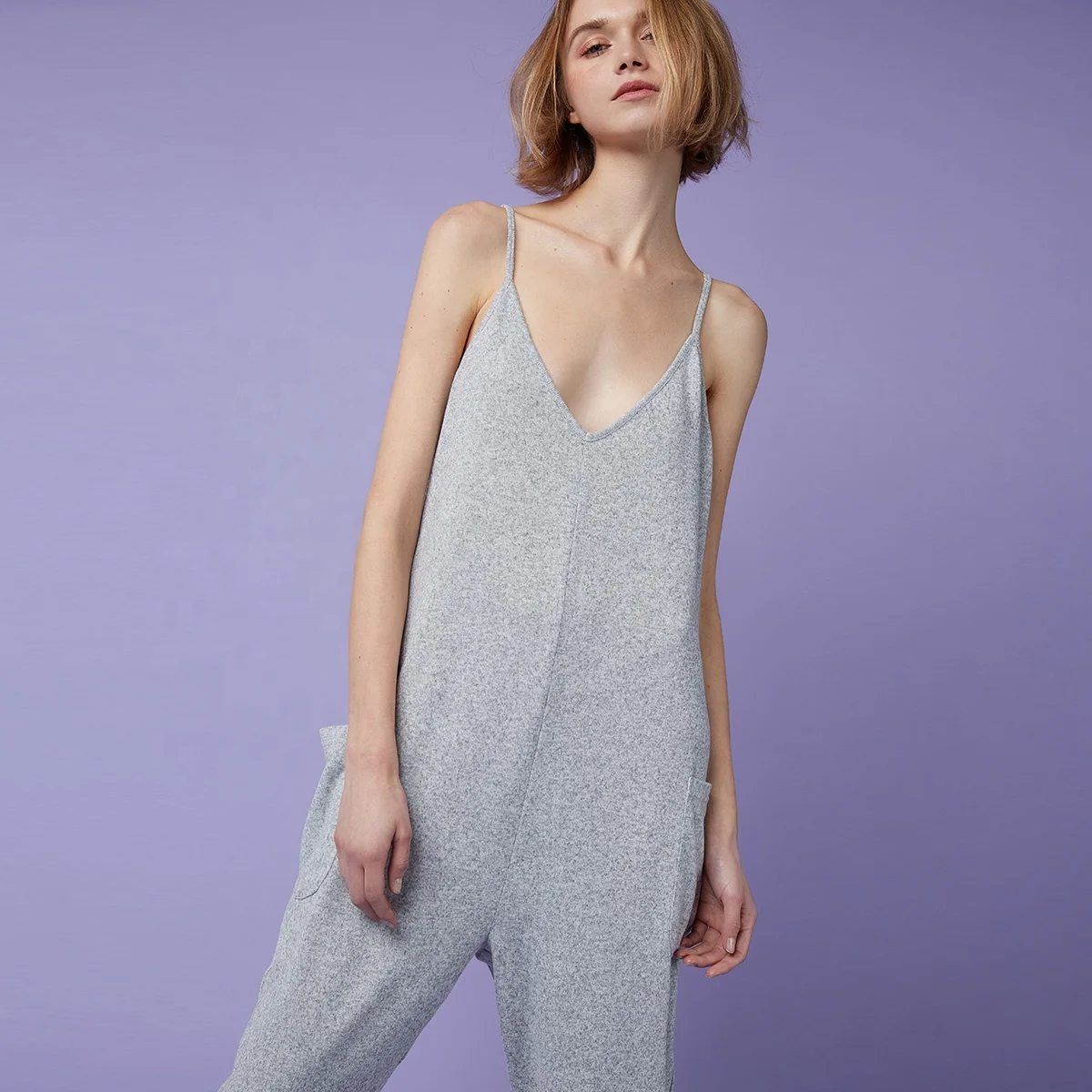 

V-neck Spaghetti Strap Knitted Jumpsuit Loungewear