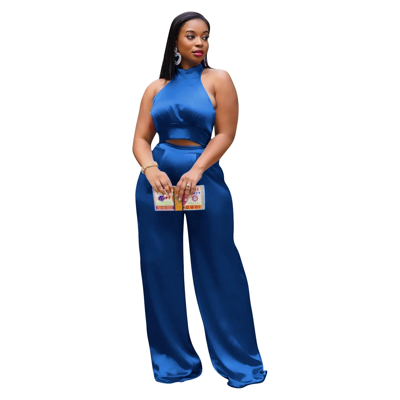 

2022 New Arrivals Fashion Women Casual Neck Drawstring Sleeveless Crop Wide Leg Pants 2 Pieces Set Solid Satin Jumpsuit, Picture show
