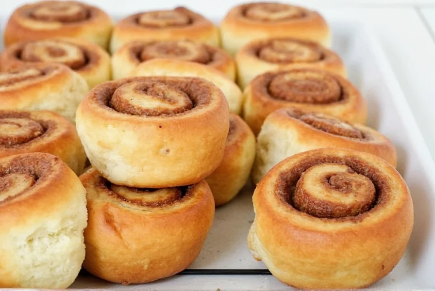 Perfectly baked golden brown cinnamon rolls with cream cheese icing drizzled on top