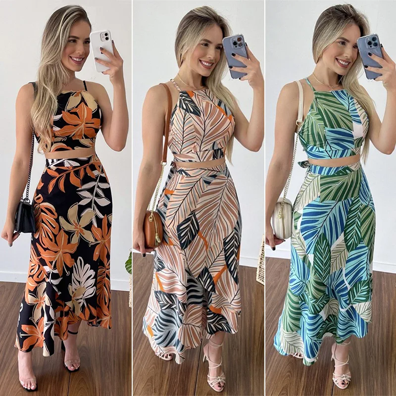 

Yolo's 2022 Summer Casual New Printed Short Tie Vest High Waist Skirt Two Piece Set