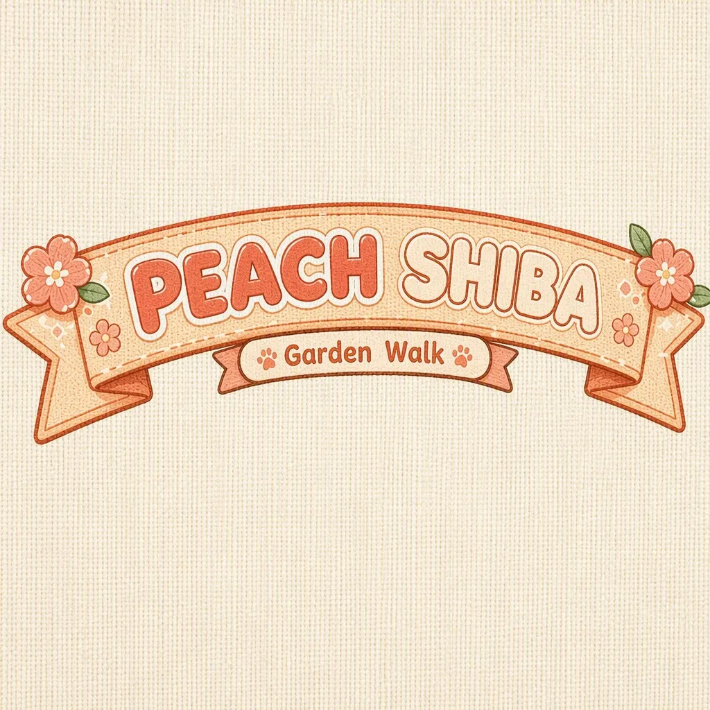 PEACH SHIBA Garden Walk Vintage Ribbon Typography Close-up