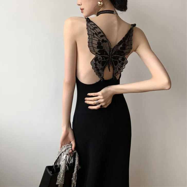 

Trendy Women Evening Gowns Summer Backless Lady Casual Dress Butterfly Back Midi Dress, Black