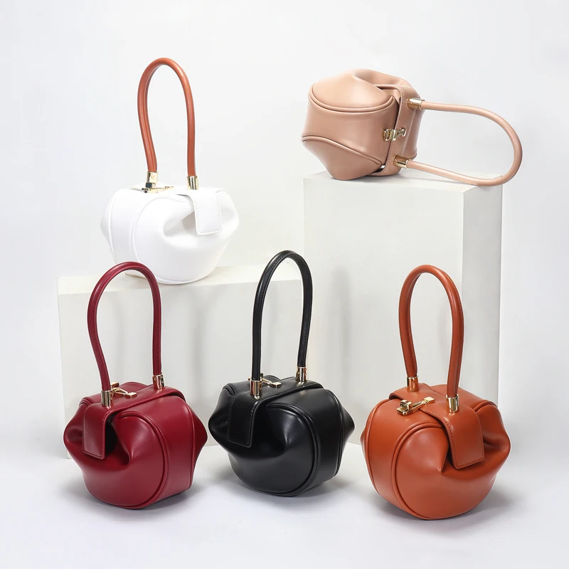 

New Quality Genuine Leather Women Bucket Handbags Ladies Solid Dumpling Bag Top-handle Vintage Bell Shape Tote Bags, Red/ brown/black/apricot/yellow/white/green