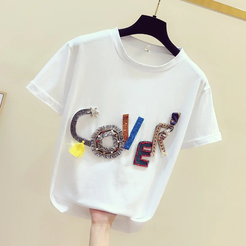 

2021 Summer New Style 3d Letter Beaded Cotton Loose Cool Round Neck Women's T-shirt