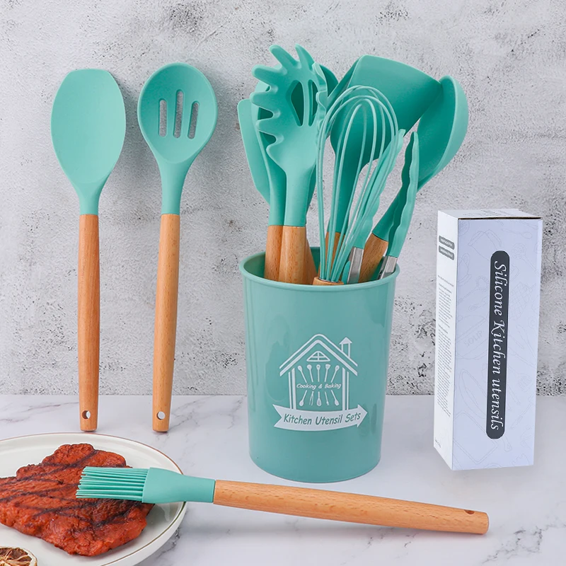 

Wooden Handle 12pcs Silicone Cooking Utensils Set With Plastic Holder Kitchenware Tool Set