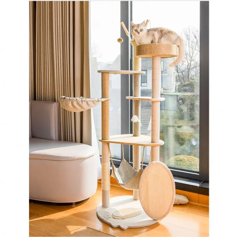 

Cat Tree House Furniture Cat Climbing Tower Multi-Layer with Scratching Solid Wood Post