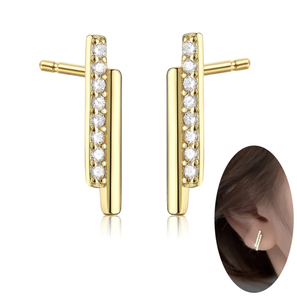 

Wholesale NEW Shiny Gold Plated on 925 Silver Double Bar Stud Earring Cubic Zirconia Geometric Strip Stick Rod Ear Studs Women