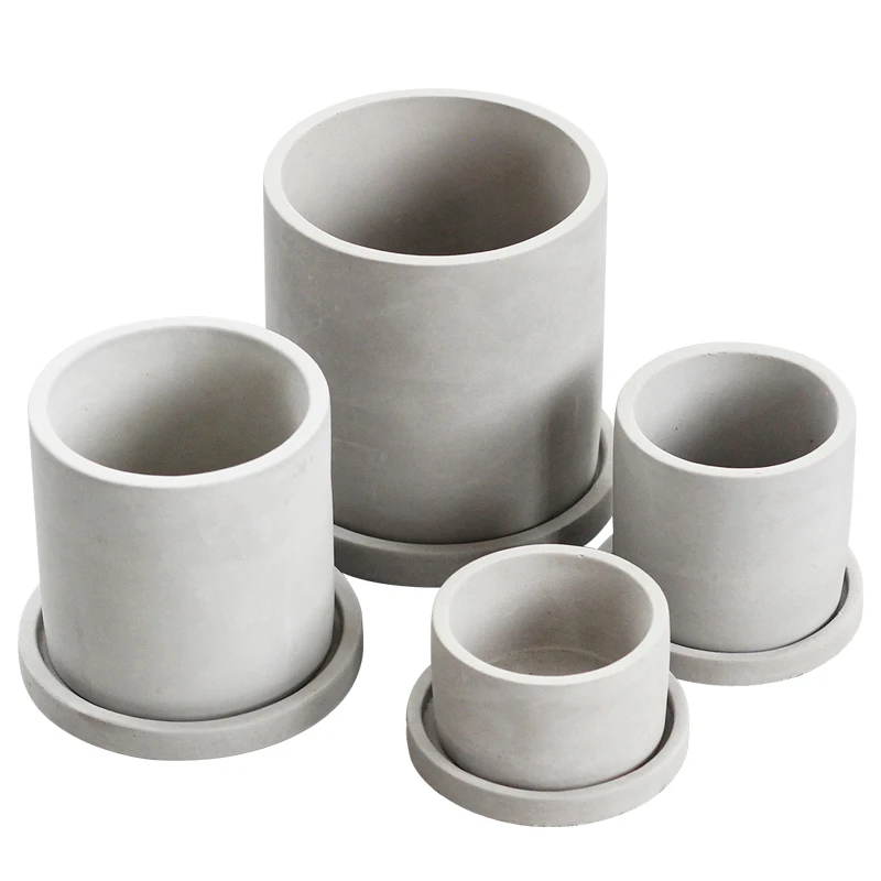 

Round cylinder shape nordic simple style cement concrete flower pot with saucer for home decor