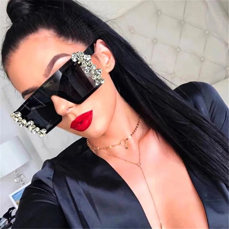 

Oversized Diamond Square Sunglasses Women Luxury Brand vintage Flat Top Pink Black Rhinestone One Piece Men Gafas Shades UV400, Multi-colors