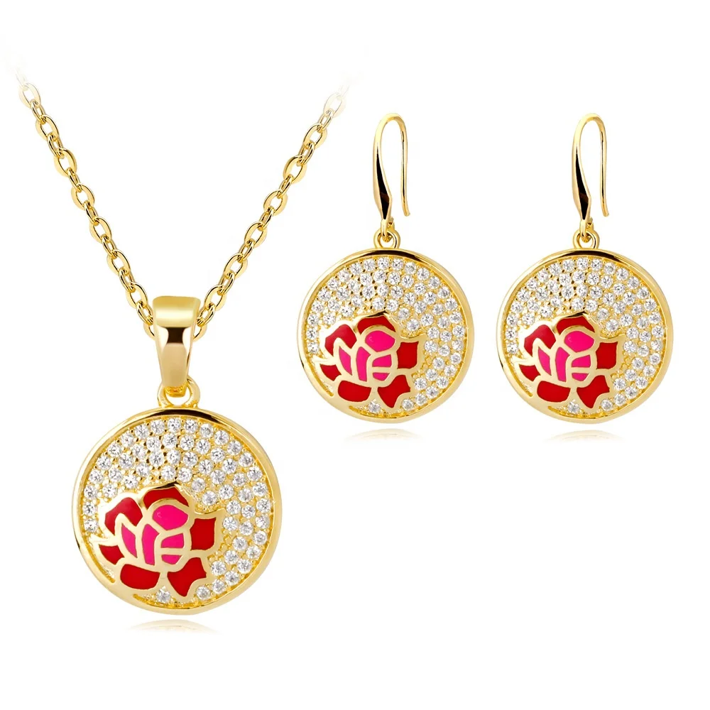 

Luxury Gold Plated Red Flower Earrings Necklace Two Pieces Enamel Set Jewelry, Colorful