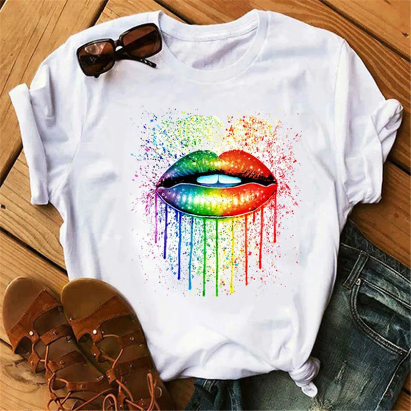 

Ink color butterfly lips print short-sleeved T-shirt European and beautiful top, Picture color