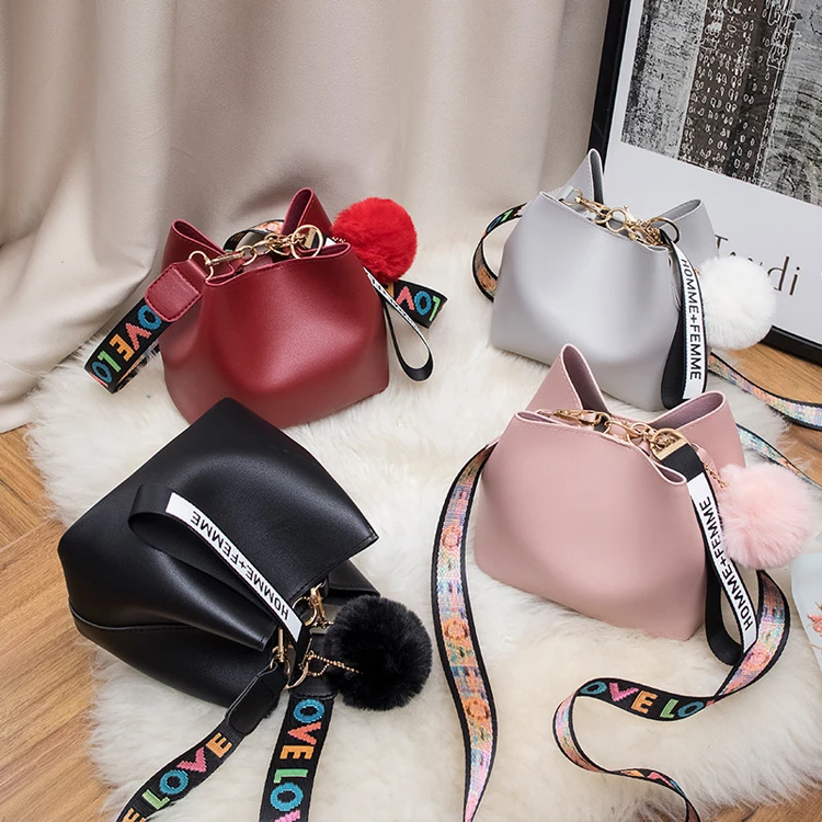 

New Style Ribbon Messenger Hairy Ball Bucket Bag Mini Mobile Phone Bag Gift Small Bag, 4colors