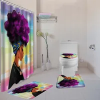 

African Women Shower Curtain Set with Non-Slip Rug, Toilet Lid Cover and Bath Mat ,Afro Girl Shower Curtains for Bathroom