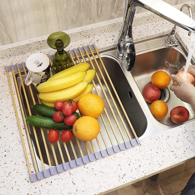 

Bamboo Foldable Roll-up Dish Drying rack Storage Holders & Racks Over The Sink Used for Cups Fruits Vegetables