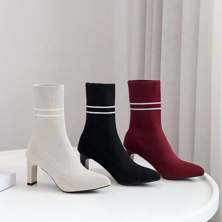 

2021 Winter New Arrival Warm High Heel Sock Boots Women For Ladies, Black,beige,wine red