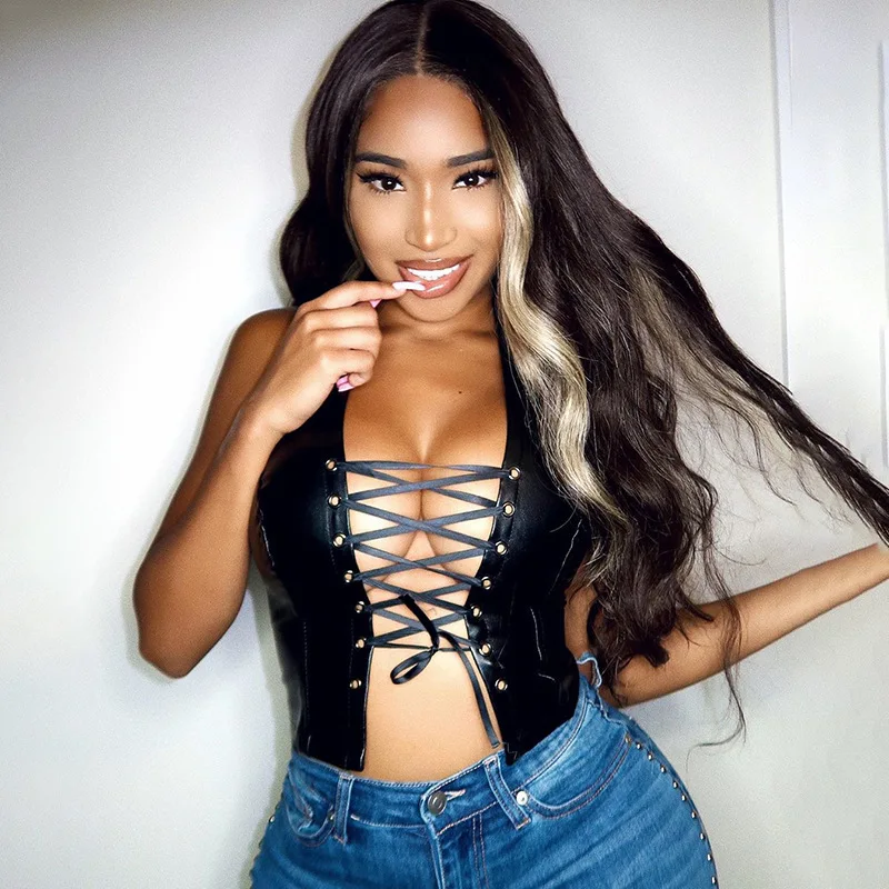 

2021 Female Punk Sleeveless PU Leather Sexy Party Club Wear cut off Lace up black leather Crop vest