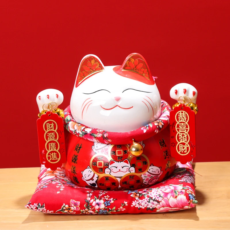 

Hot sell shop opening event gifts white and red ceramic fortune cat for luxury home decoration accessories porcelain piggy bank