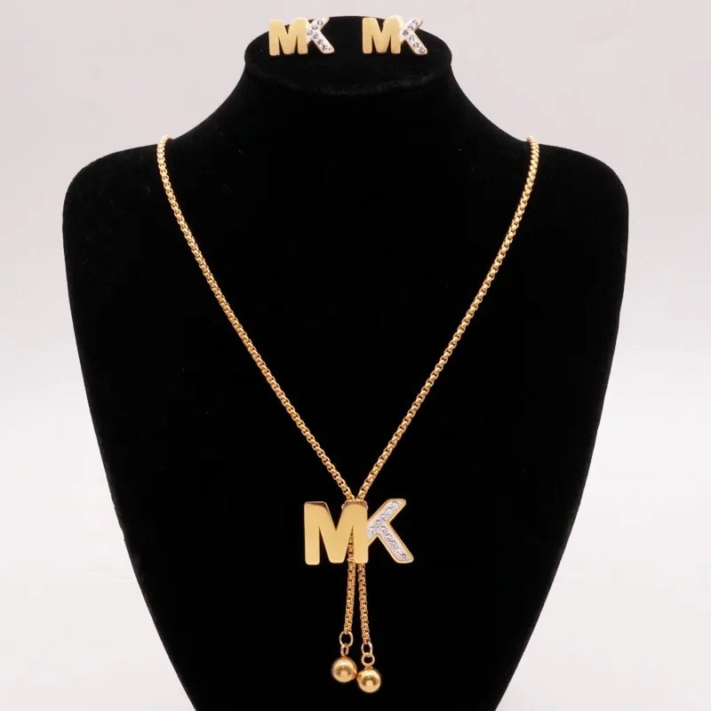

Popular Gold Necklace Earrings Stainless Steel Zircon Charm Jewelry Set