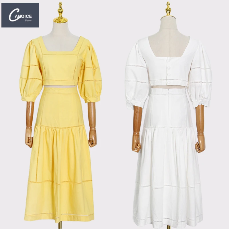 

Candice unique white designer cotton double layer two piece skirt set bubble sleeve linen dress summer