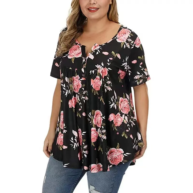 

Full print V-neck with button plus size lingerie sexy big fat women floral casual tshirt