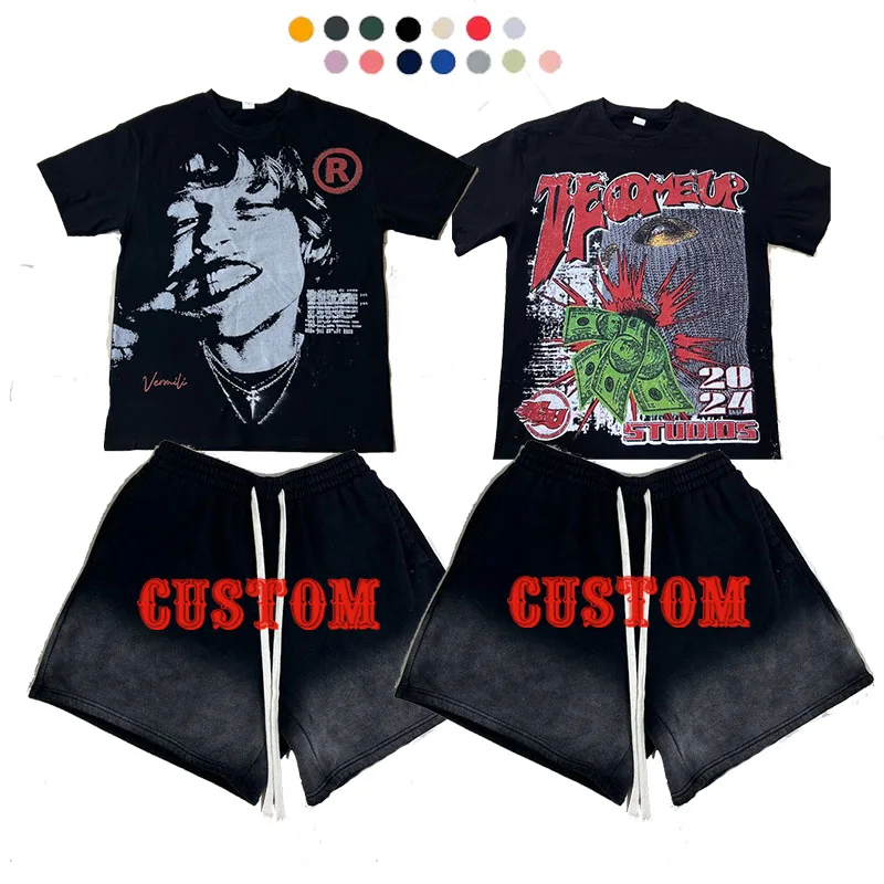 Custom Logo Heavyweight High Quality O-Neck Oversized Drop Shoulder Boxy Fit Vintage Washed DTG Print Men's T-shirt Sets