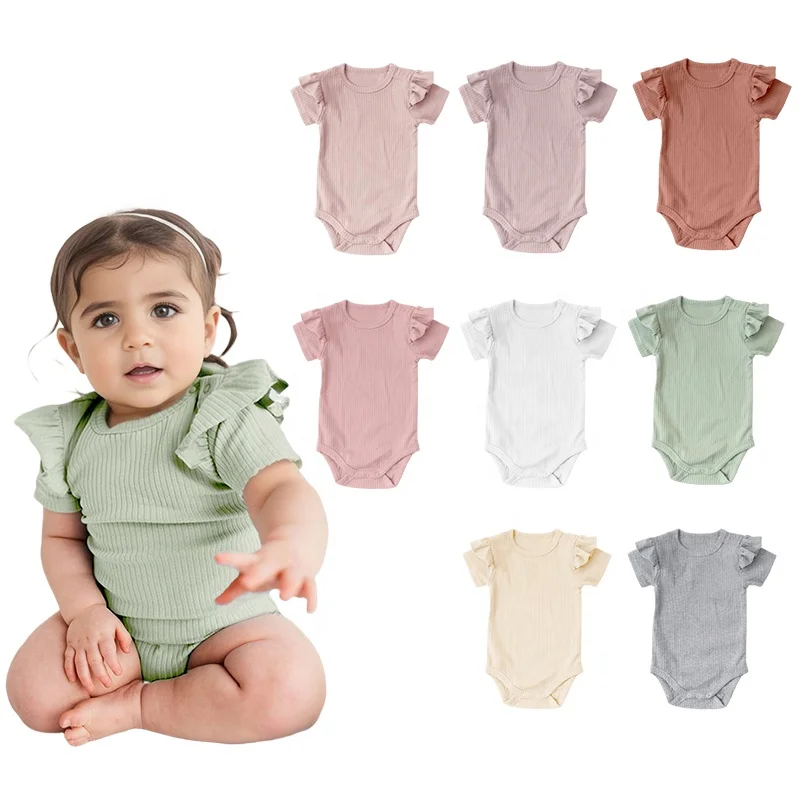 

Wholesale Ready Made Baby Clothes Short Sleeve Snap Crotch Organic Cotton Ribbed Frill Baby Girls Short Romper