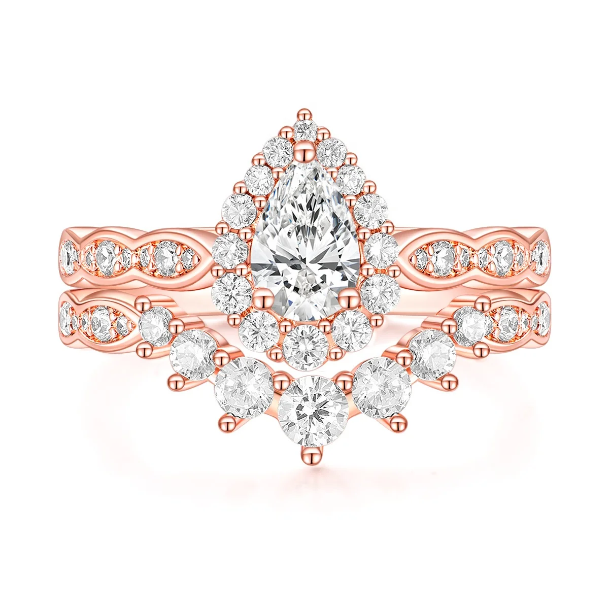 OAHLAN Rose Gold Plated & Silver Fashion Women's Jewelry 1CT Pear Cut Cubic Zircon Copper Ring Set  Wedding Band Engagement