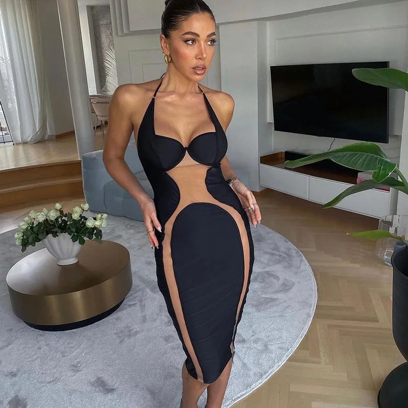 

New Arrivals Sexy Halter Lace Up Bodycon Midi Mesh Patchwork Apparel Dress Backless