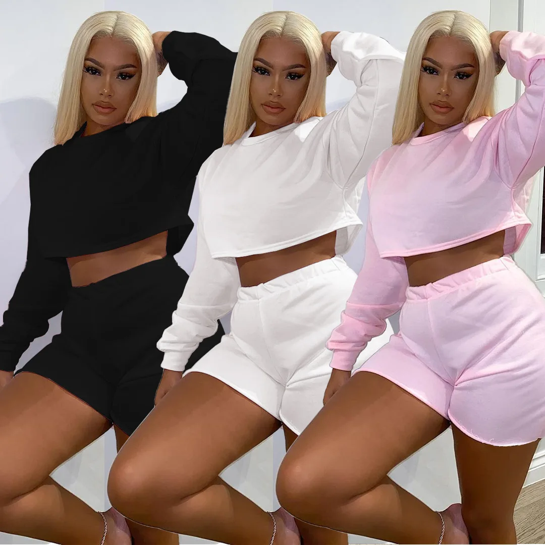 

Wholesale 2021 Fall Woman Clothing Casual Solid Autumn Long Sleeve Crop Top Short Pants Set Two Piece Sweatsuits Sets, Picture