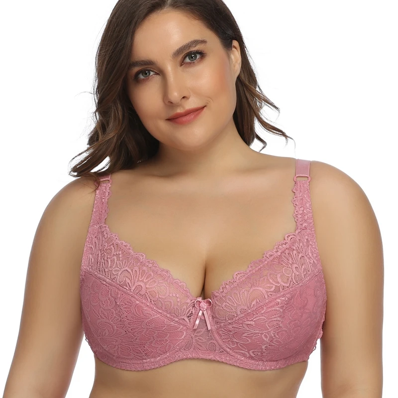 

Women's Ultra Thin Half-tansprent Lace Bra Full Cup Sexy Soft Underwire Non-Padded Underwear Plus Size 34-44 E Cup Minimizer Bra