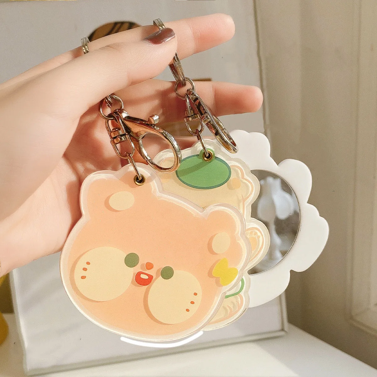 

hot sale accessory Portable double sides cute bear rabbit acrylic mirror keychain