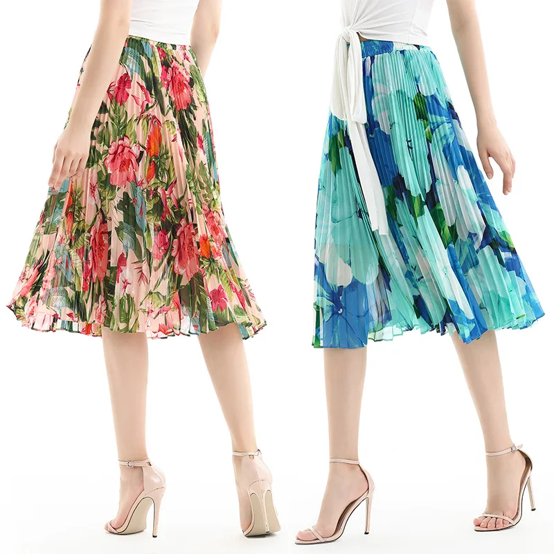 

S076 Summer Autumn High Quality Fashion New Elegan Print Chiffon Sunray Pleat Casual Women Skirts