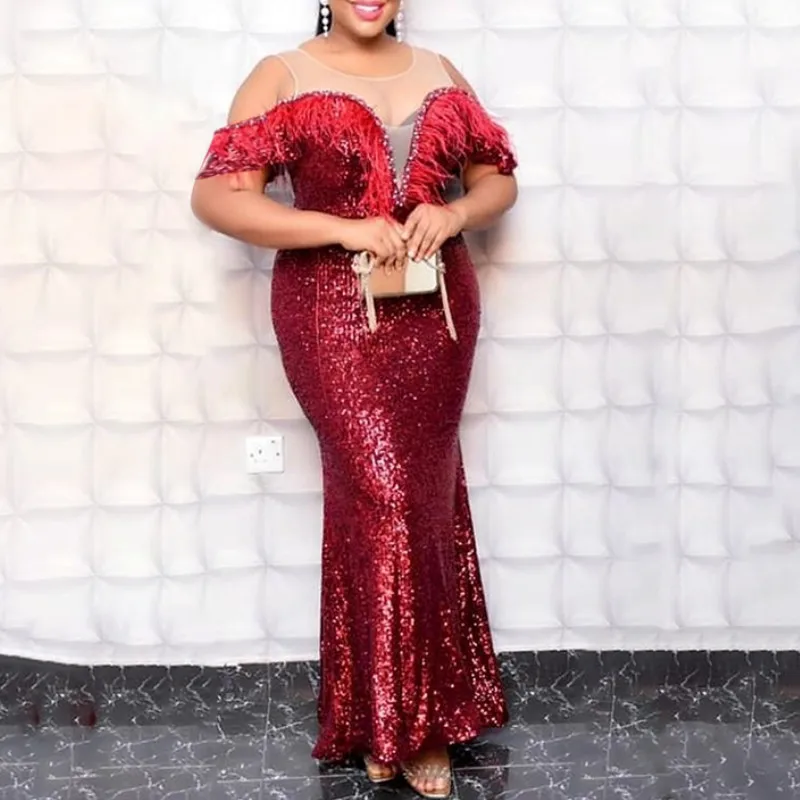 

Sexy Patchwork Sequins Mesh Feather V Neck Christmas Evening Women Dress, Burgundy