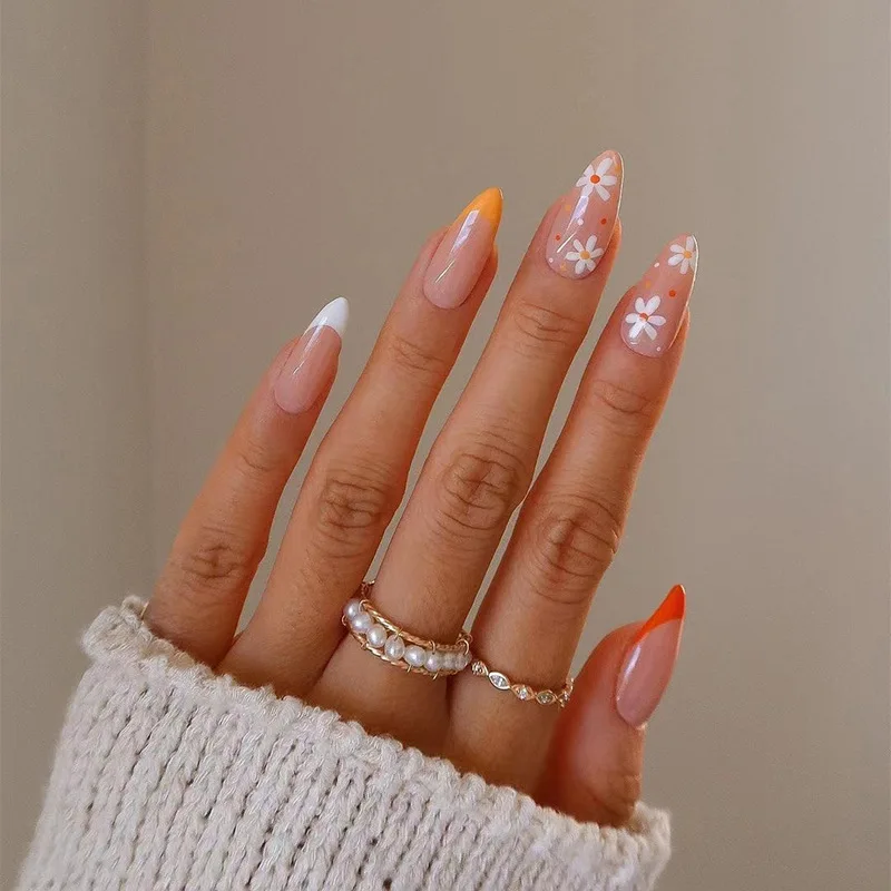 

Simple French flowers Artificial fingernails press on nails private label dropshipping press on nails