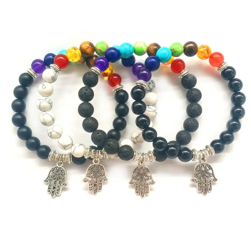 

8mm Black Stone 7 Chakra Healing Balance Beads Reiki hand Palm Buddha Prayer Bracelet for Women Men Jewelry