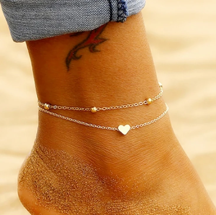 

Fashion double layer heart gold anklet jewelry women beach anklet wholesale