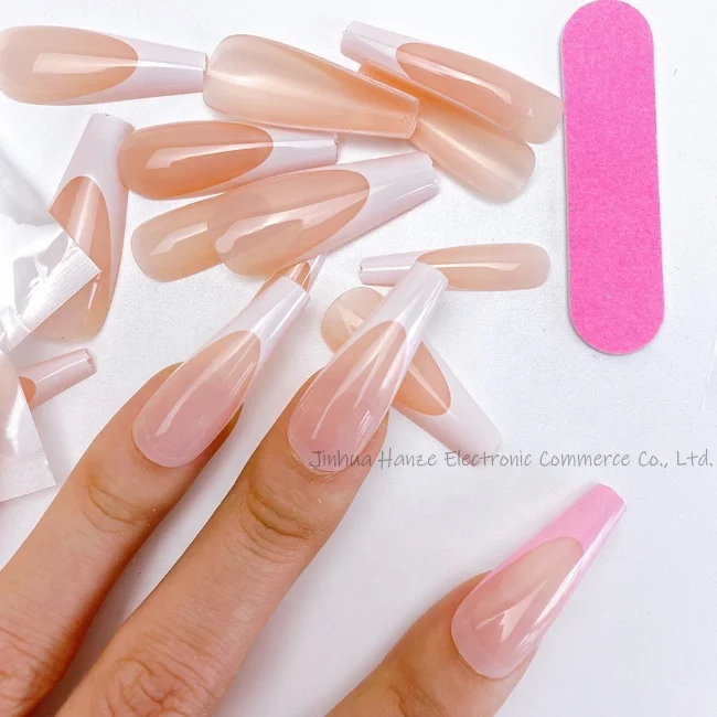 

20Pcs Set French Tip Coffin Full Cover Nail Tips Long Ballerina Detachable False Nails Wearable Designed Press On Nails French, Picture