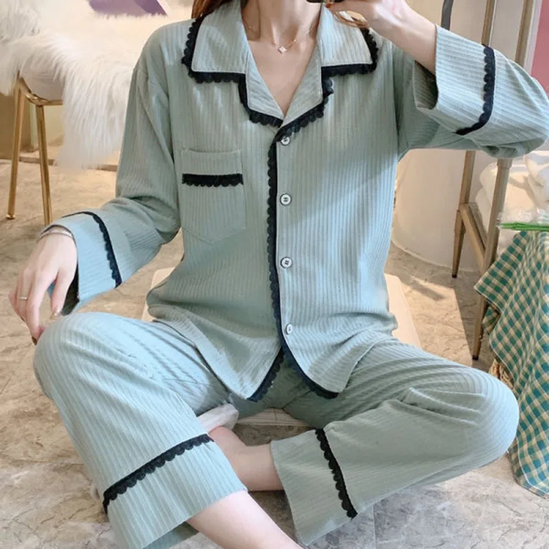 

Winter Loungewear 2 Piece Sleep Wear Sets Pillamas De Mujer Pijama Algodon Striped Pajamas Cotton Pyjamas Long Sleeve Sleepwear