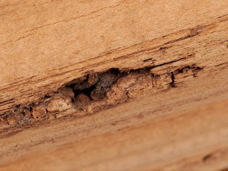Close-up of termite-damaged wooden beam showing tunnels