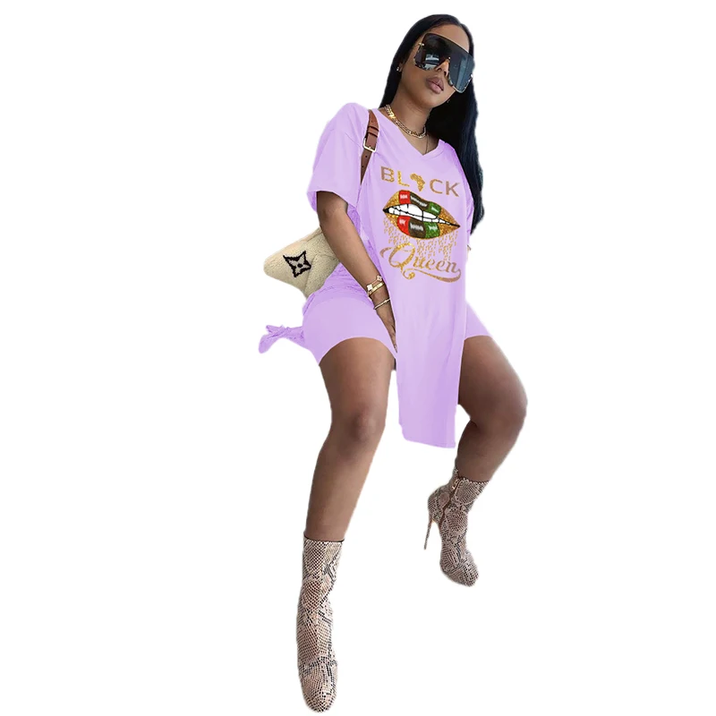 

2021 summer new fashion lip print loose women's suit casual V-neck short sleeve T-shirt and shorts two piece set, Picture