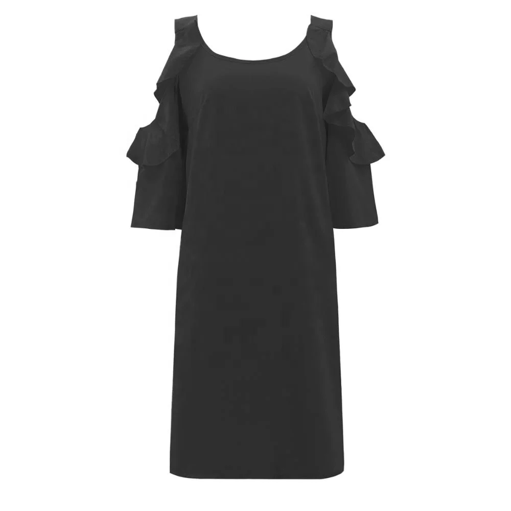 

2020 latest hot sale wholesale women beautiful sexy flounce sleeves solid color round neck cold shoulder dresses casual dress