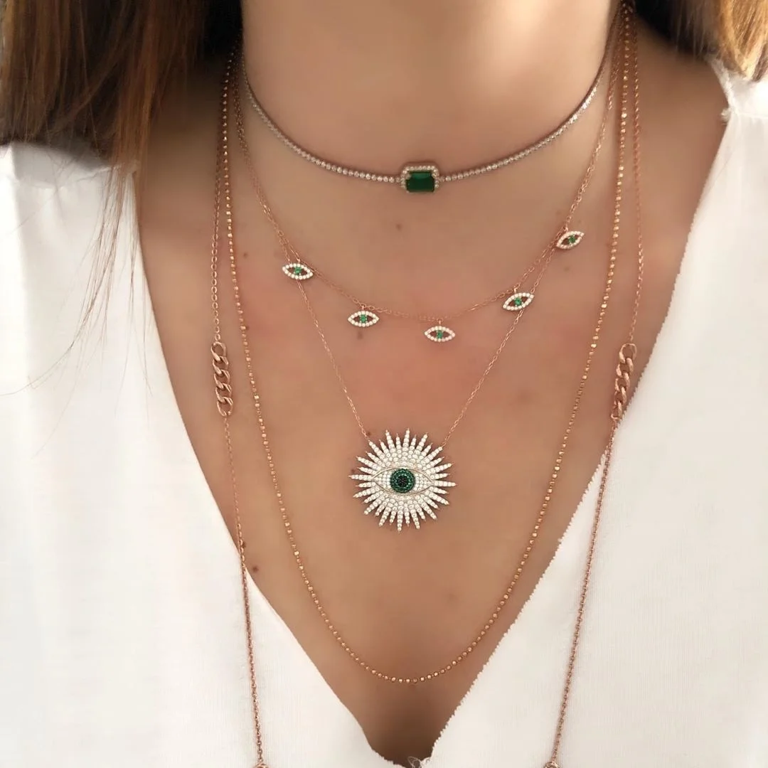 

Fashion green cz paved eye of the devil pendant necklace for women