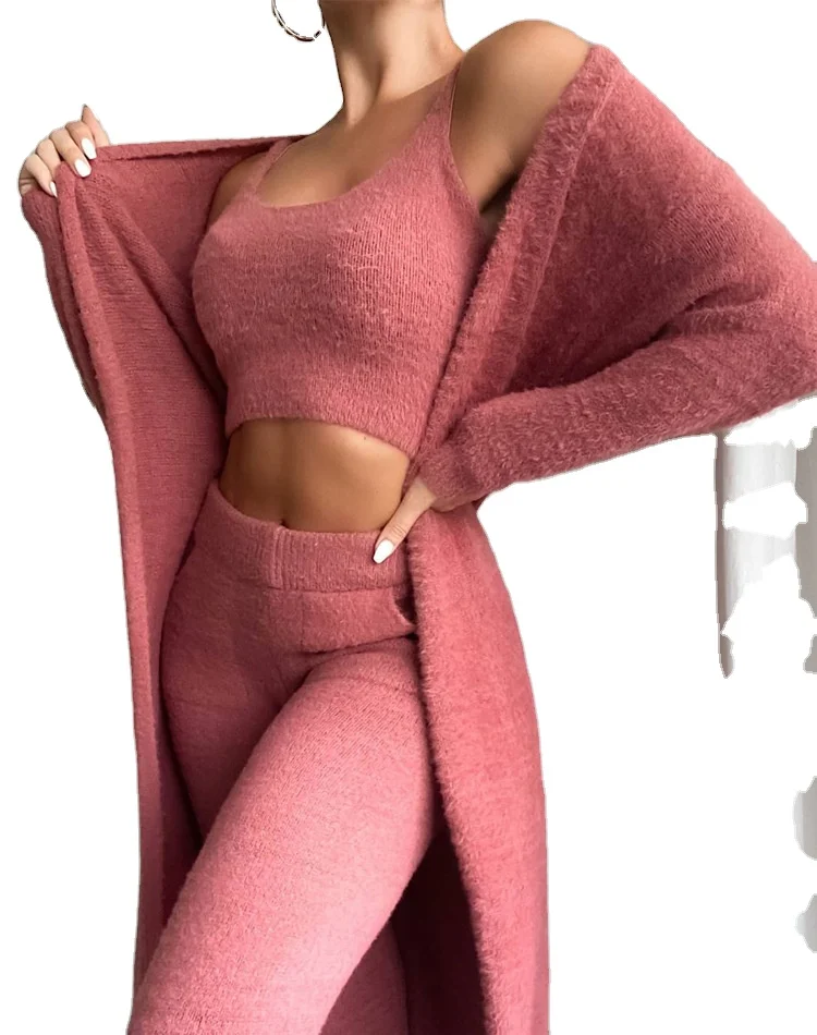 

Casual Women Sleeveless Cozy Sweater Pajamas Short Set Fuzzy Soft Knit Ribbed Sleepwear With Robe 3 Pieces Set, Customized color