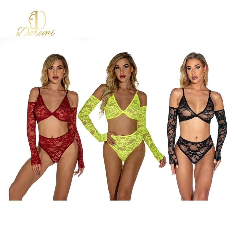 

Wholesale most attractive bra and panty sets luxury One-piece transparent lace mesh women underwear 2 piece lingerie set