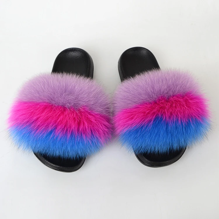 
Women Real Fox Fur Slides Slippers Home Furry Flat Sandals Girls Cute Fluffy House Shoes 